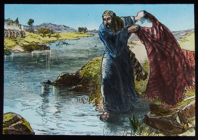 COLOUR Glass Magic Lantern Slide ELISHA PARTING THE WATER C1900 RELIGIOUS BIBLE