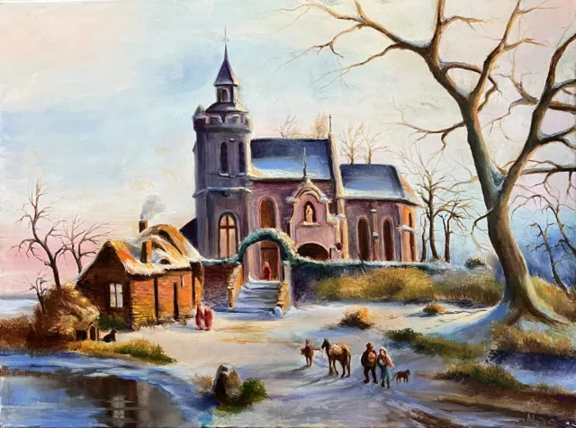 Original painting oil on canvas , Dutch Landscape ,Winter European Painting