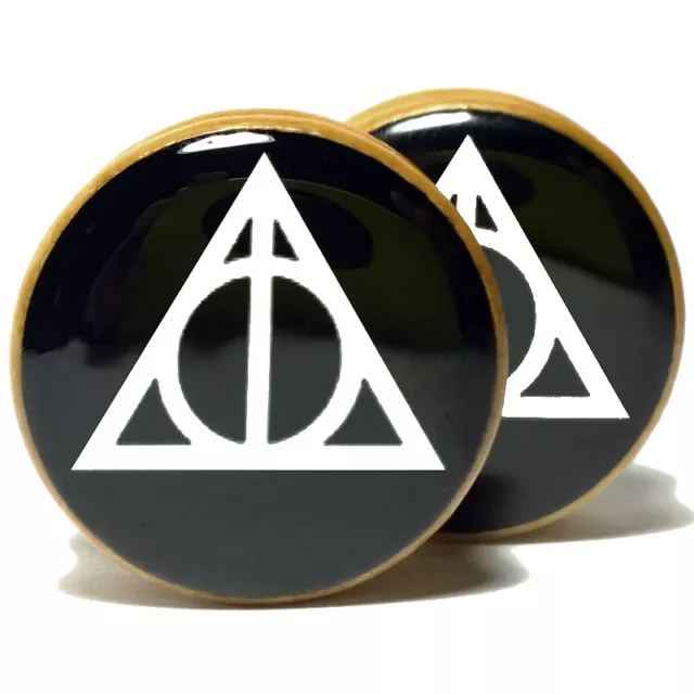Pair of Wood Ear Plugs Organic Gauges Flesh Tunnels Earrings - Deathly Hallows