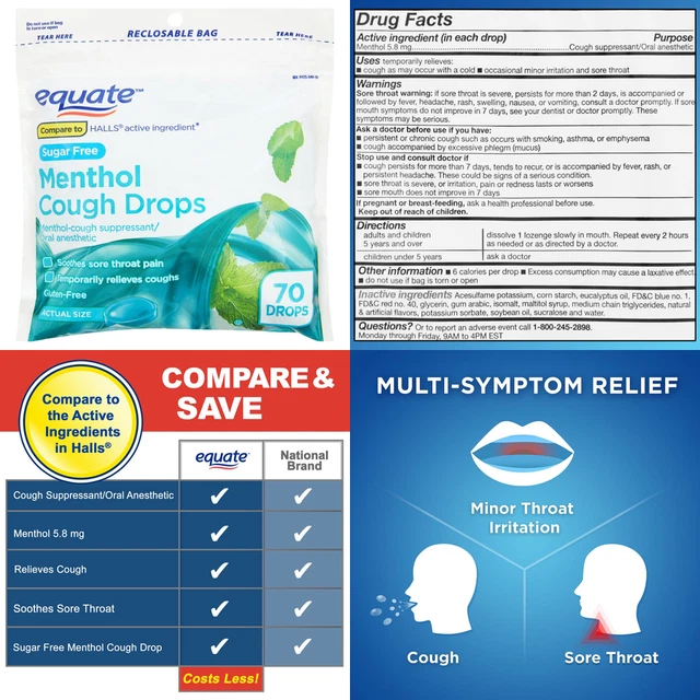 EQUATE SUGARFREE MENTHOL Cough Drops, 70 Count 4.98 PicClick