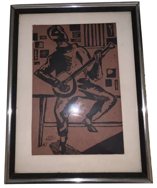 Linocut Print Of A Banjo Player, Musician, Art, Music, Framed & Matted