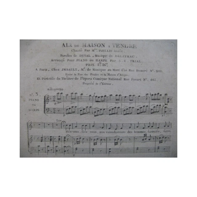 DALAYRAC Nicolas Maison à Vendre No 3 Chant Piano ou Harpe ca1800
