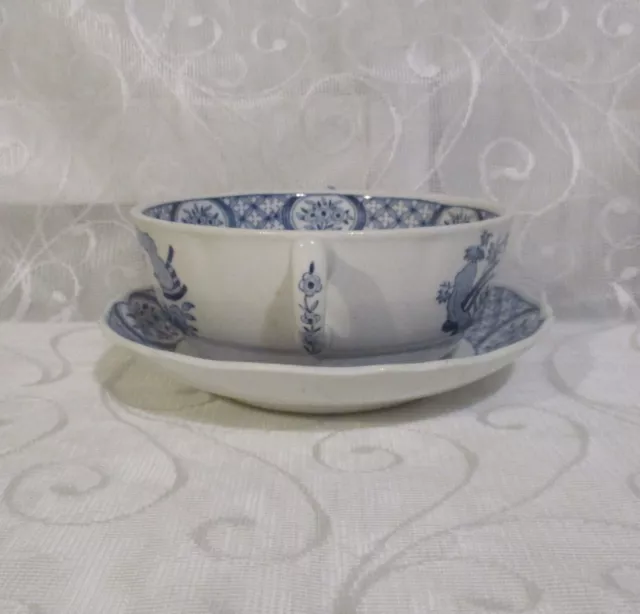 Furnivals OLD CHELSEA Blue And White Two Handled Soup Coupe Bowl And Saucer 3