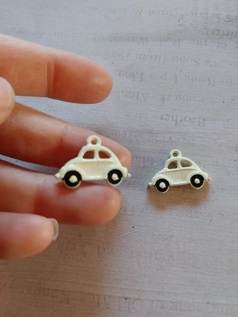 vintage LOT unused qty 2 metal charm pendant finding VW beetle bug car yellow