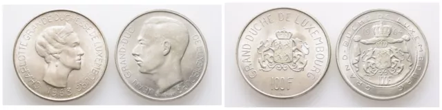 Luxemburg, 2 Stück, 100 Francs 1963 und 1964, Silber Münze