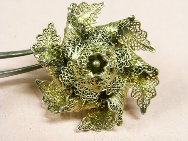 Broche Ancienne Fleurs En Argent Vermeil - Georges Legros - Vintage - Bon état