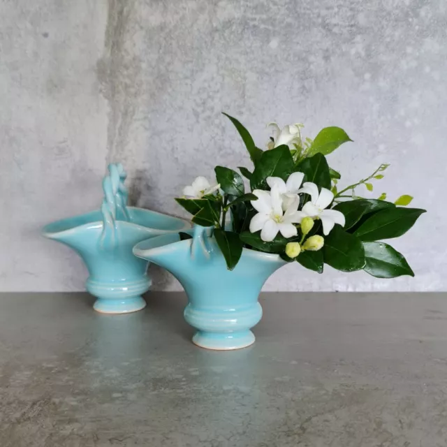 2 Vintage Blue Pottery Basket Vases with Twisted Handles Matching Pair Small