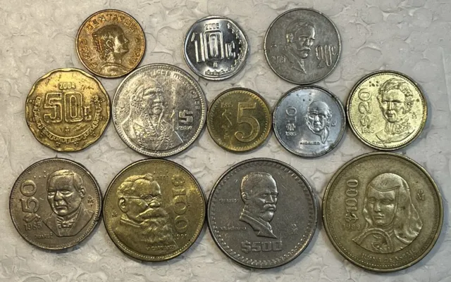 Mexico 1975 - 2005 Five 5 Centavos to 1000 Pesos 12 Coin Lot XF - BU Condition