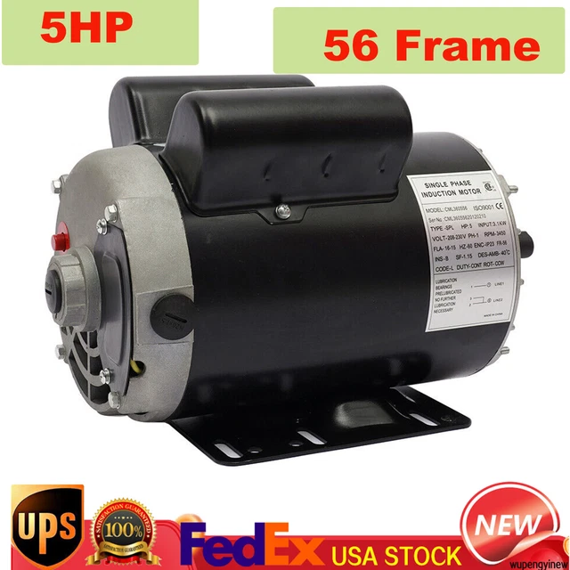 5HP SPL Air Compressor Electric Motor Single Phase 56 Frame 5/8" Shaft 3450Rpm