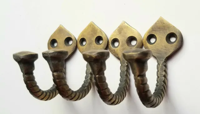 4 Solid Brass Antique Style Single Coat Hat Towel Hooks Twisted Rope 2-1/4" #C6 3