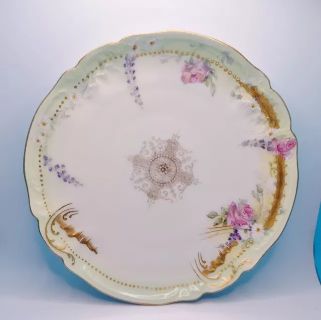 Antique Limoges Porcelain Cabinet Plate Pink Roses Lavender Raised Gold Gilt