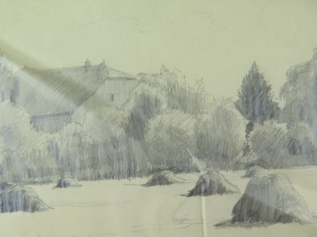 Dessin Ancienne Paysage De Campagne Signé Goerg Tableau Crayon Papier