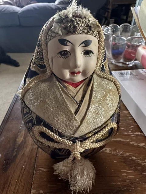 Japanese Wooden Doll Vtg Hime-Daruma Statue Kimono Traditional Craft Blue