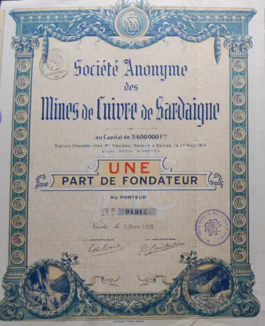 bon au porteur société des  mines de cuivre de Sardaigne, 1919, 1 part fondateur 2