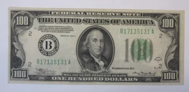 1934 A $100 One Hundred Dollar Note New York Federal Reserve Green Seal Crisp XF