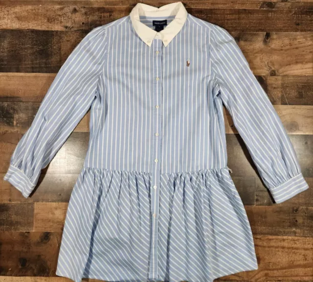 Polo Ralph Lauren Poplin Shirt Dress Blue White Striped Ruffled Long Sleeve VTG