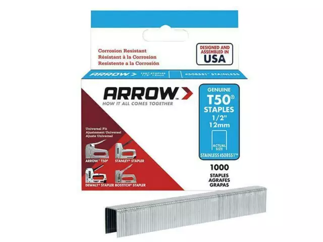 ARROW T50 Staples Stainless Steel 508Ss 12Mm (1/2In) Box 1000 ARRT5012SS