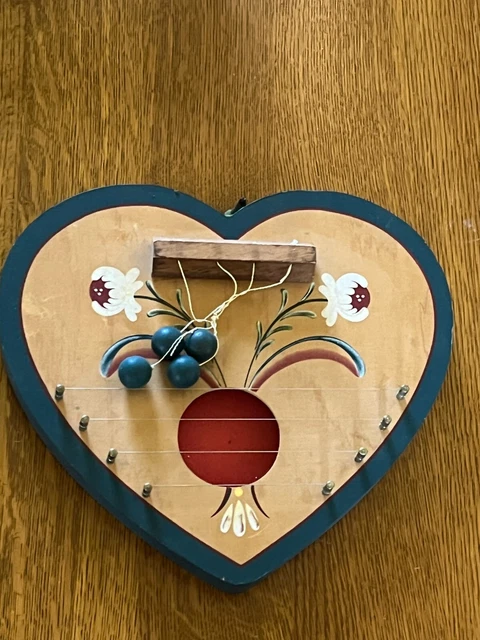 Heavy Thick Wood Floral Painted Heart Shaped Lyre Door Bell Wall Hanging AS-IS
