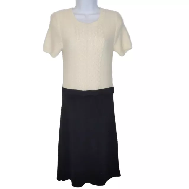 Democracy Sweater Dress Womens Size S Ivory Black Cable Knit Bodice Short Sleeve