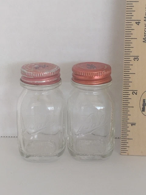 Vintage Glass Ball Mason Jar Salt And Pepper Shakers W/ Red Metal Lid. 2.75 Inch