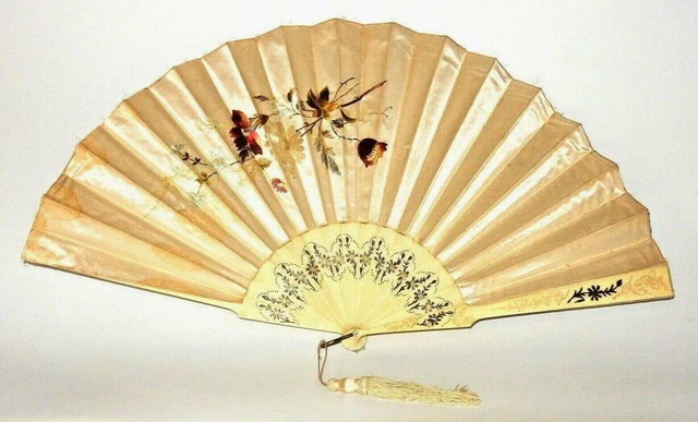 Antique Chinese Hand Painted Silk Embroidered Floral Fan With Ornamental Guards