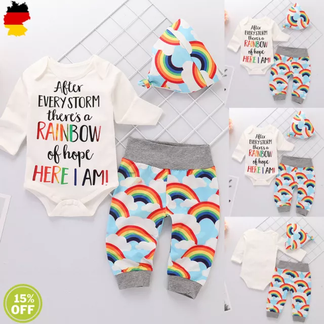 Baby Mädchen Jungen Regenbogen Strampler Tops Hosen Hut Sets Kleidung Outfits DE