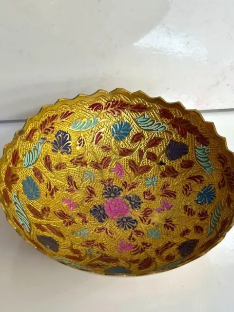 Rare Antique Brass Fruit Plate Serving Bowl   Hand Decorated with Floral Motifs