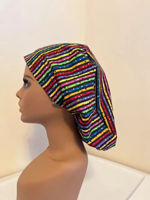 New SCRUB HAT for women bouffant Euro Adjustable Chemo Nurse Cap Black Rainbow