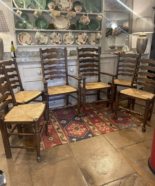 Vintage Oak Ladder Back Turned Rush Seat Fabric 6 x Dining Chairs In Total.