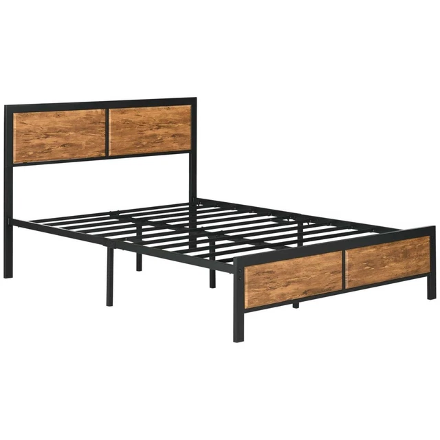 DOUBLE SIZE BED Frame Steel Bed Base with Headboard 147 x 197cm Brown £