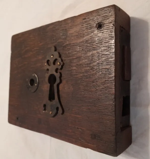 Antique Wooden Oak & Iron Church Door Rim Box Lock Escutcheon Victorian Vintage