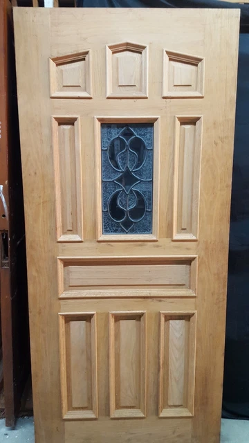Solid Oak 9 Panel Exterior Door with Textured Leaded Glass Center