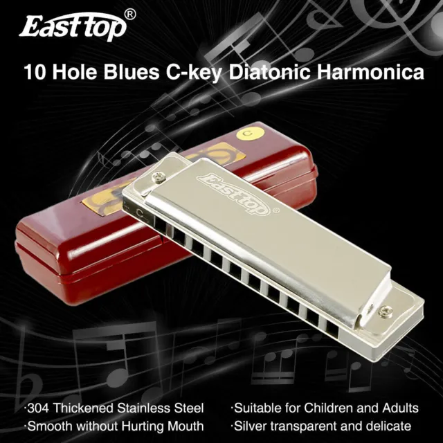 EASTTOP Harmonica 10 Holes Key C SILVER/GOLD Blues Harp Stainless Steel Gift US