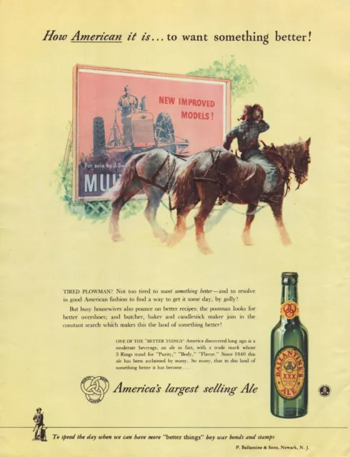 Print Ad Ballantine Ale Beer 1943 Horse Tractor Full Page Magazine 10.5"x13.5"