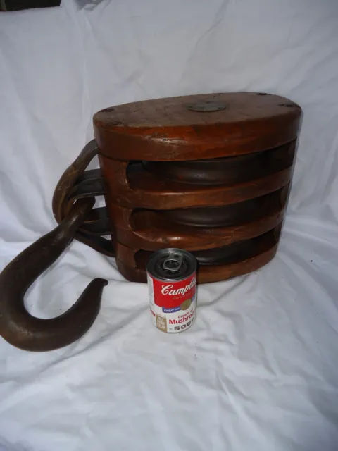 Huge 48lbs Antique Boston & Lockport Block Co 3 Pulley Nautical Ship