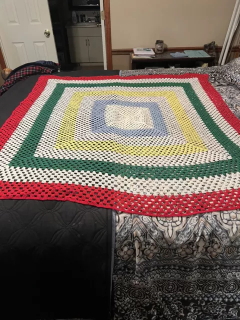 Lovely Vintage Multiple Color, 48” x 46” ￼Square Hand Crocheted Tablecloth GUC