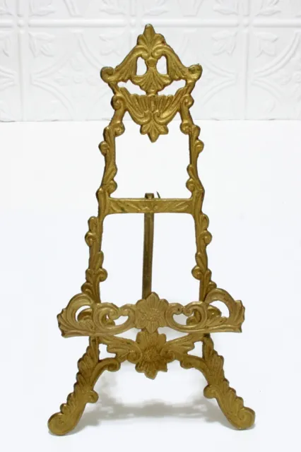 Big Vintage Brass Easel Ornate Art Plate Display Holder Victorian Style 13" Tall