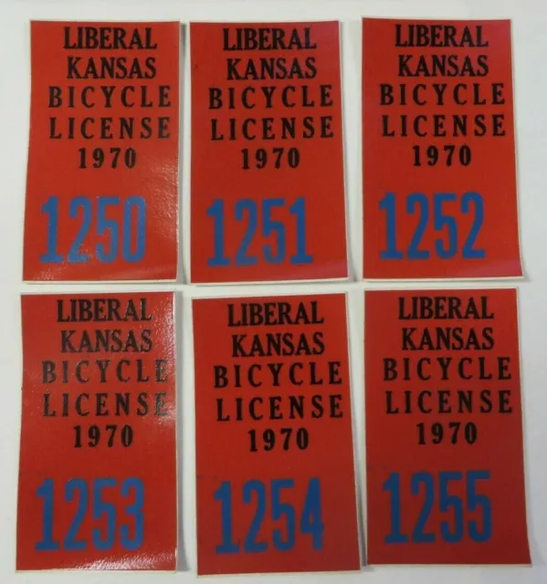 Vtg 1970 Lot of 6 LIBERAL, KANSAS Bicycle Bike Tag License Registration Stickers