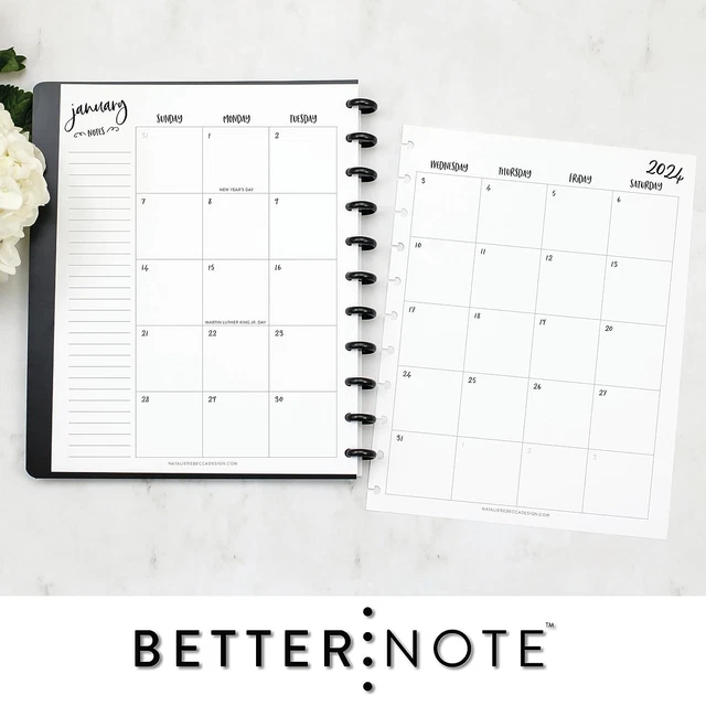 BETTERNOTE 2024 MONTHLY Calendar Refill Fits Discbound Notebooks, Fits