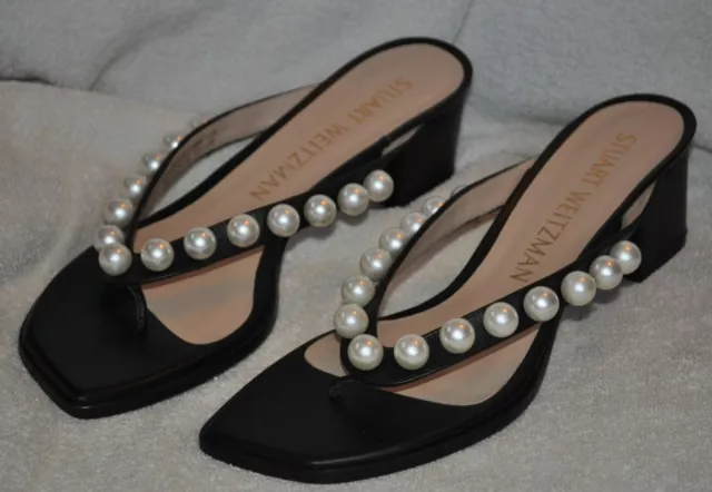 Stuart Weitzman Goldie Genuine Leather  Pearl Embellished Heel Sandals Black 9.5
