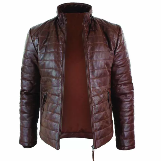 Men's Real Leather Quilted Puffer Zipped Jacket Vintage Brown Casual Winter Coat