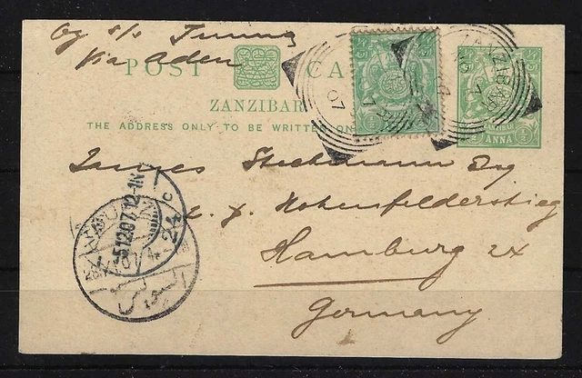 H683) DOA Deutsch-Ostafrika Kolonie Ganzsache Zanzibar nach Hamburg