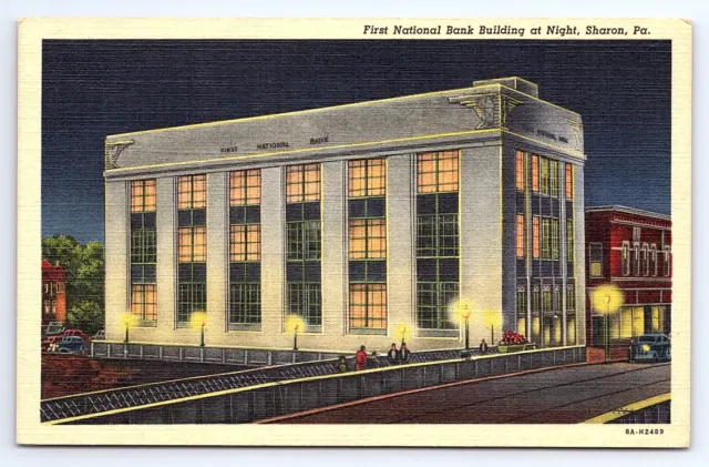 Postcard First National Bank Building Sharon Pennsylvania at Night PA