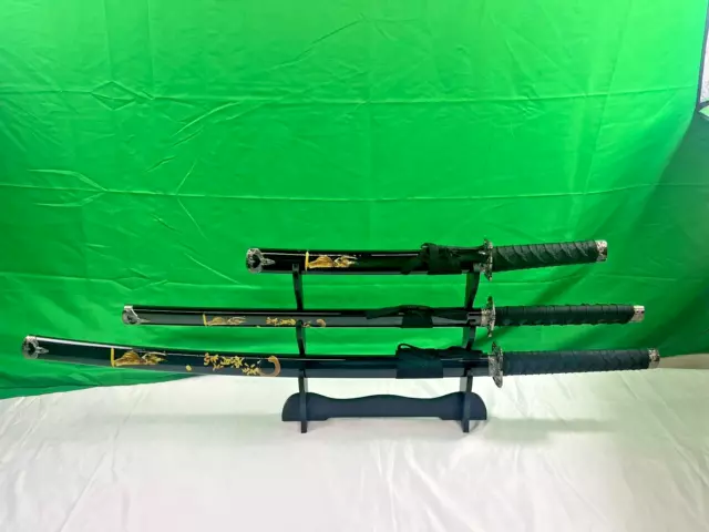 3pc Japanese Samurai Katana Sword Set w/ Stand Blade Weapon Collection Decor New