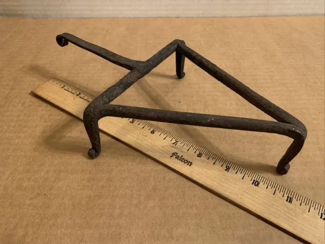 18th Century Forged Iron Hearth/ Camp Trivet Triangular Form W Long Iron Handle