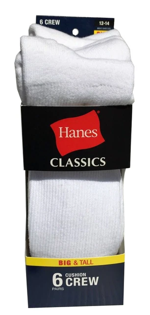Hanes BIG & TALL 6 paris cushion Crew white socks fit shoe size 12-14