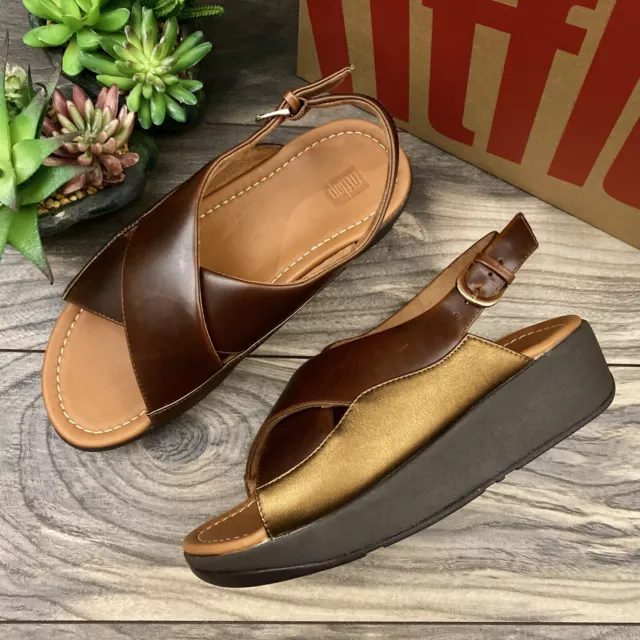 NIB FitFlop Myla Backstrap Cross Slingback Platform Wedge Sandal Brown Leather 8