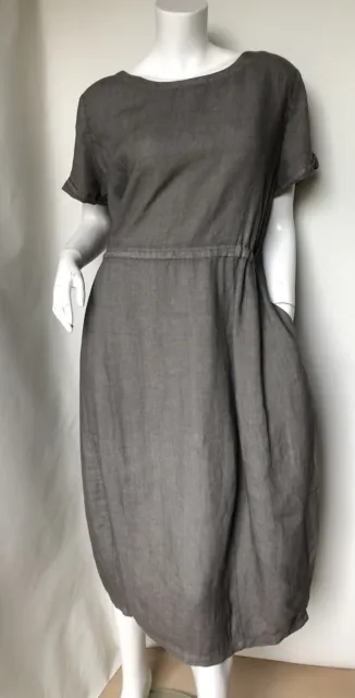 Elemente Clemente Tana Dress Green/Grey Linen Midi Lagenlook W/ Pockets UK 14