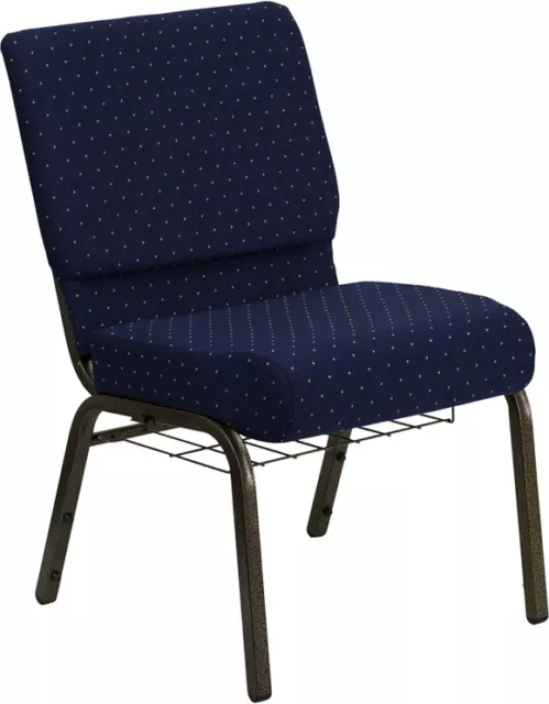 21'' Wide Blue Dot patterned Fabric Church Chair with Book Rack and Gold Frame