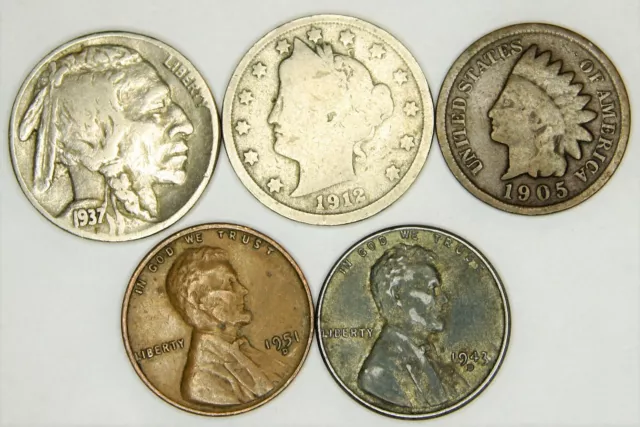 Liberty V Nickel, Buffalo, Steel Wheat, Lincoln, Indian Head Mixed - 5 coin lot